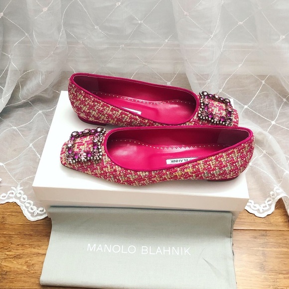 Manolo blahnik CAZA Pink tweed crystal buckle flat - Picture 2 of 5